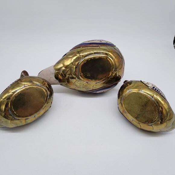 Mexican Tonala Pottery & Brass Duck Figurine Set Of 3 Gold & Blue Mom Ducklings - Picture 11 of 11